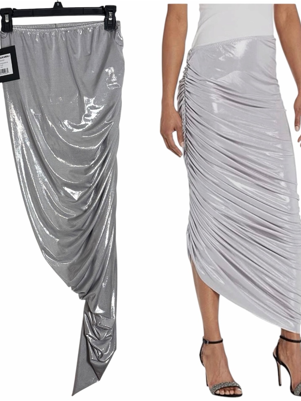 NEW Norma Kamali Women's Size S Diana Long Skirt Silver Net-A-Porter Stretch